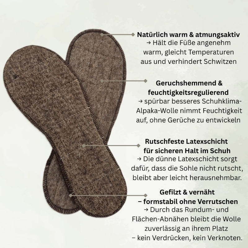 Alpaka Schuheinlagen – warme & atmungsaktive Einlegesohlen für Damen & Herren | Naturfaser Thermo Einlagen für Schuhe