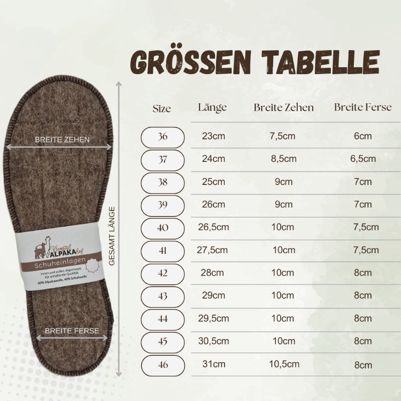 Alpaka Schuheinlagen – warme & atmungsaktive Einlegesohlen für Damen & Herren | Naturfaser Thermo Einlagen für Schuhe