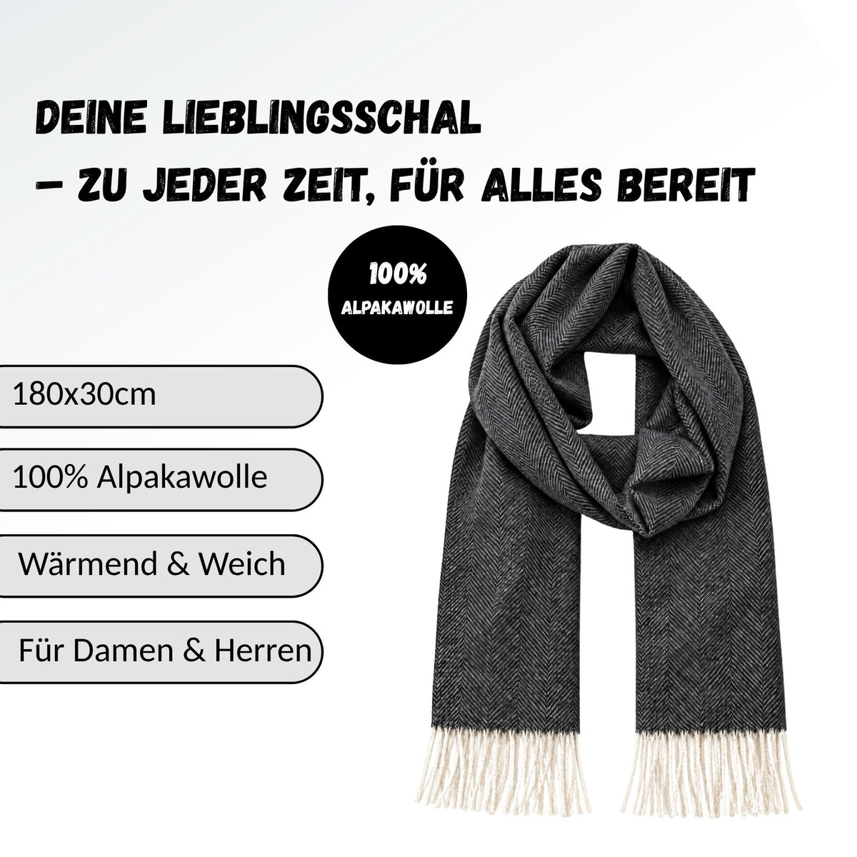 Baby Alpaka Schal – 100% Alpakawolle – 180 x 30cm – weich, warm & sanft zur Haut – eleganter Wollschal für Damen & Herren – temperaturregulierend, atmungsaktiv & unisex ALPAKNIT